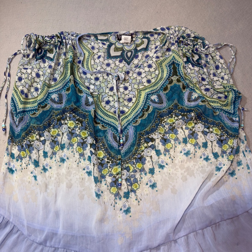 Evolution by Maya K Blue Green Floral Paisley Tunic Top 3X Plus Size Boho Beaded